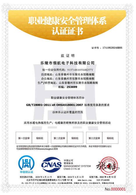 樂陵領(lǐng)航電子職業(yè)健康安全管理體系認(rèn)證證書